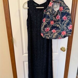 Ralph Lauren Size 10 Navy/Black Patterned Silk Maxi Dress W/Packable Tote